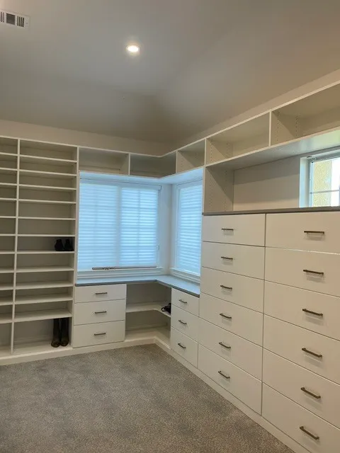 White walk-in closet with shoe cubbies, a window desk, extensive drawers, open upper storage, and gray carpet.